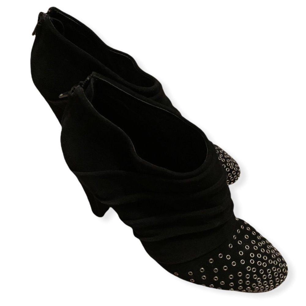 See By Chloe Black Suede Silver Studded Toe Heeled Ankle Booties Size 37.5 - Picture 2 of 9